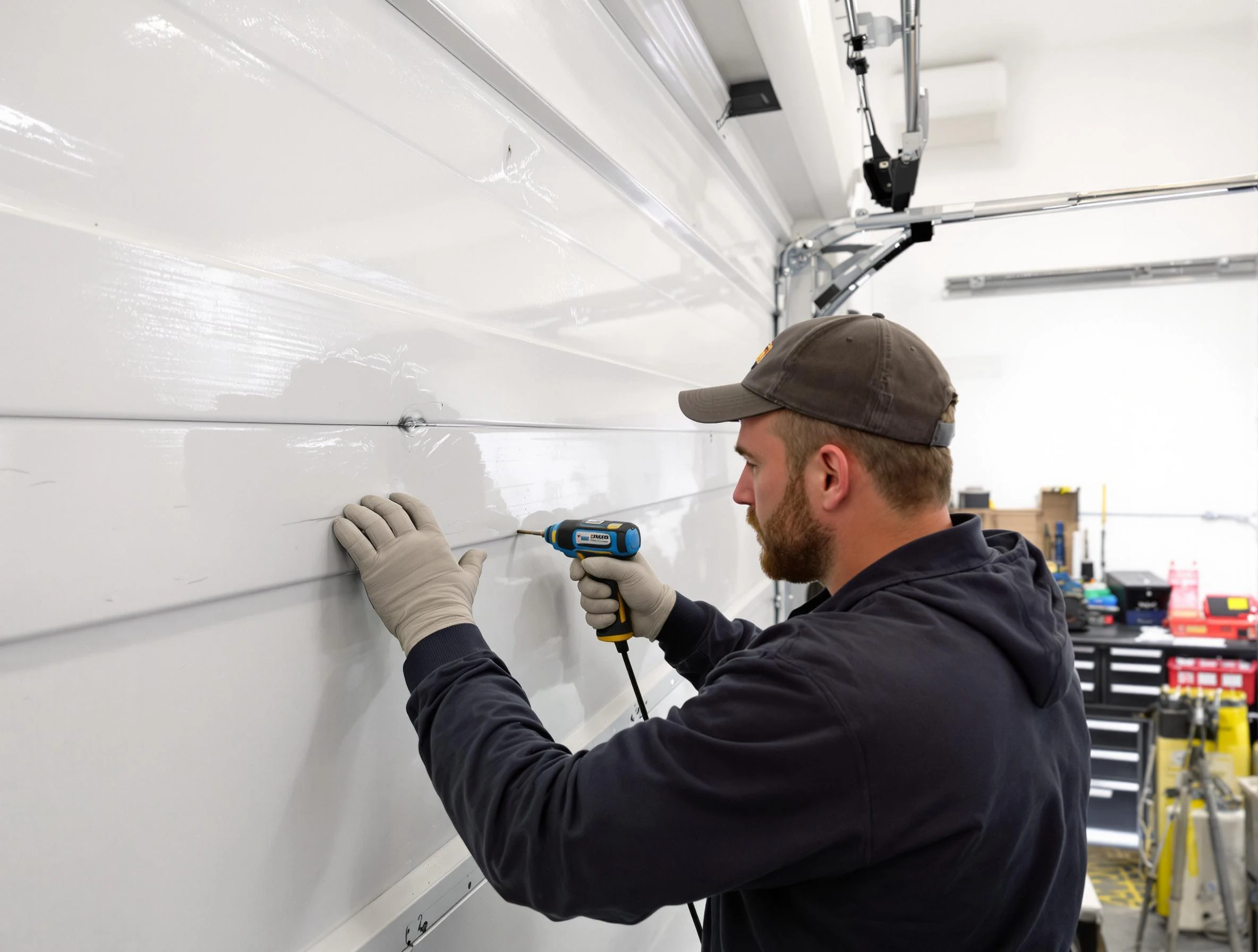 East Brunswick Garage Door Repair technician demonstrating precision dent removal techniques on a East Brunswick garage door