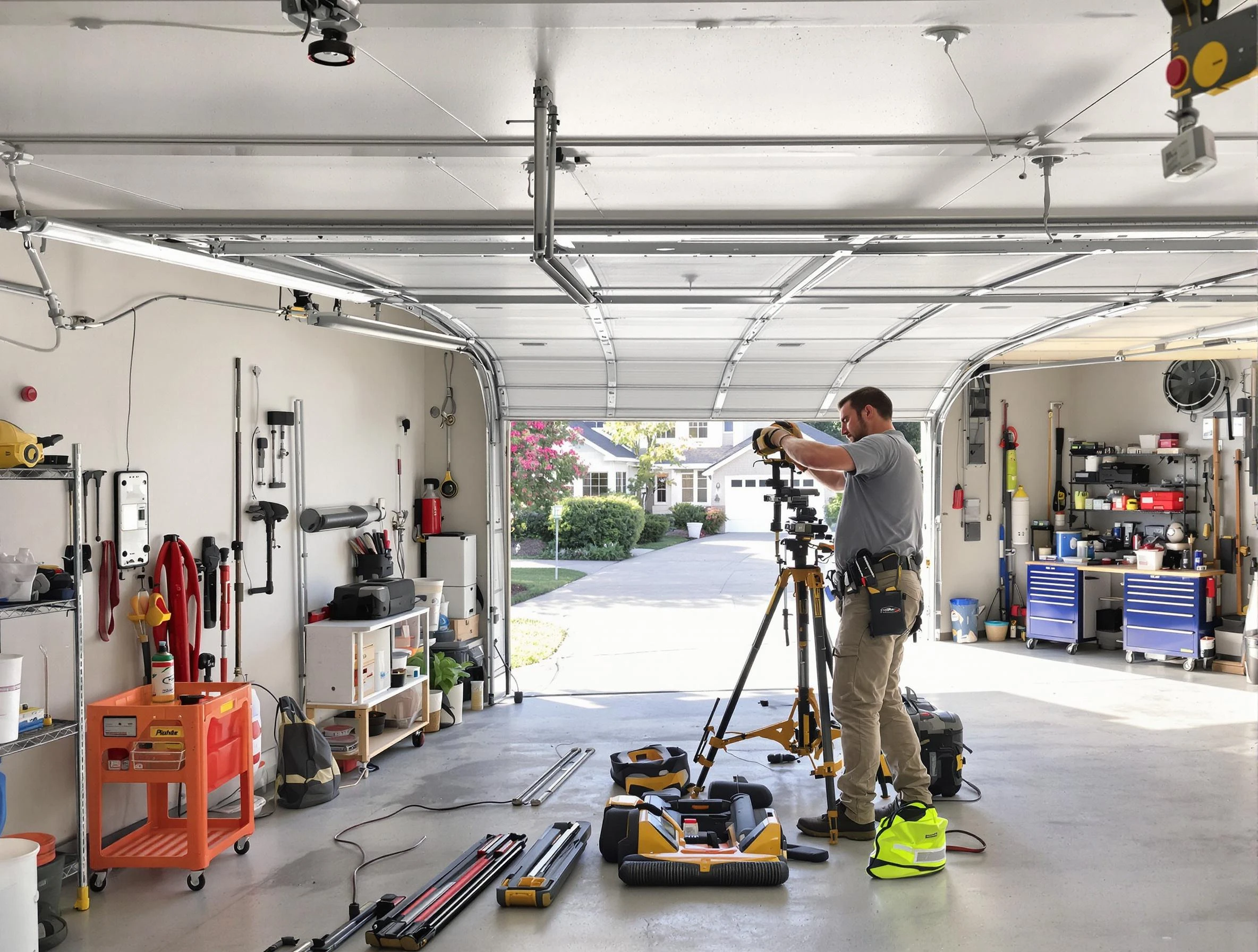 East Brunswick Garage Door Repair specialist performing laser-guided track alignment in East Brunswick